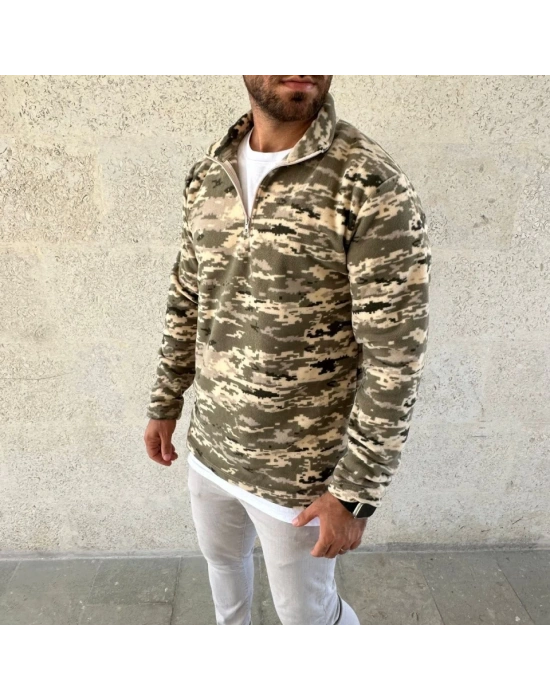 Erkek Yarım Fermuarlı Desenli Polar Sweat – Haki Kamuflaj Yakalı, Uzun Kollu, Oversize Rahat Kalıp  Haki