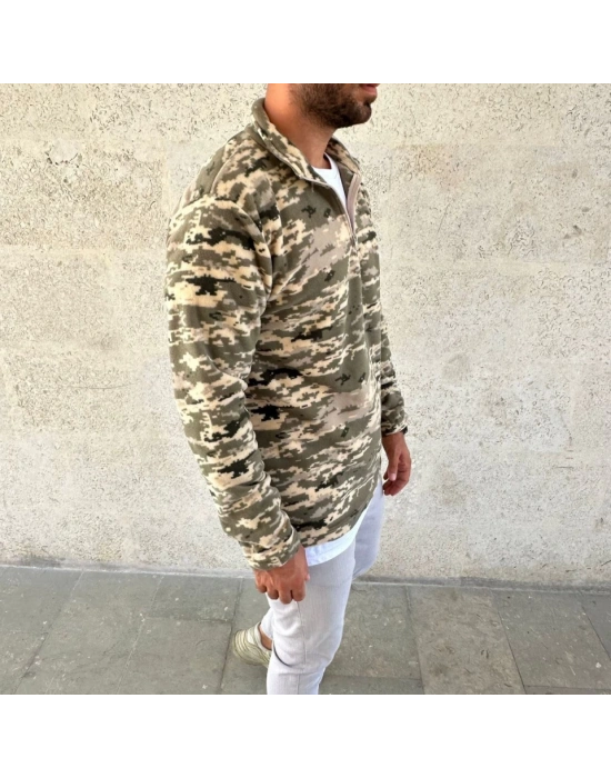 Erkek Yarım Fermuarlı Desenli Polar Sweat – Haki Kamuflaj Yakalı, Uzun Kollu, Oversize Rahat Kalıp  Haki