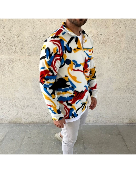 Erkek Yarım Fermuarlı Desenli Polar weat – Renkli Abstract Desen Yakalı, Uzun Kollu, Oversize Rahat Kalıp, Beyaz