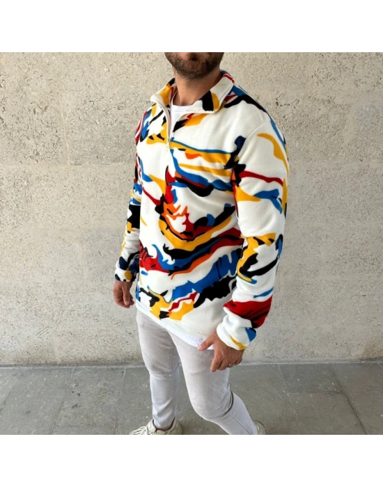 Erkek Yarım Fermuarlı Desenli Polar weat – Renkli Abstract Desen Yakalı, Uzun Kollu, Oversize Rahat Kalıp, Beyaz