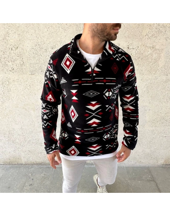 Erkek Yarım Fermuarlı Desenli Polar weat Tribal Etnik Desen Yakalı, Uzun Kollu, Oversize Rahat Kalıp,  iyah