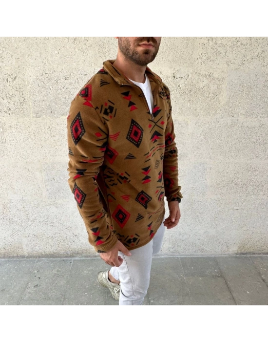 Erkek Yarım Fermuarlı Desenli Polar weat Tribal Etnik Desen Yakalı, Uzun Kollu, Oversize Rahat Kalıp,  Kahverengi