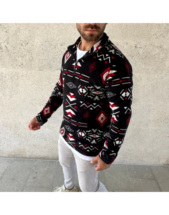 Erkek Yarım Fermuarlı Desenli Polar weat Tribal Etnik Desen Yakalı, Uzun Kollu, Oversize Rahat Kalıp,  iyah