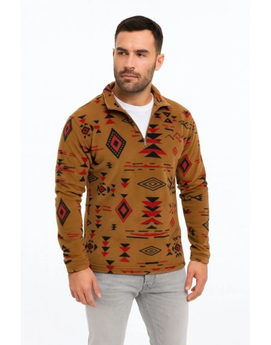 Erkek Yarım Fermuarlı Desenli Polar weat Tribal Etnik Desen Yakalı, Uzun Kollu, Oversize Rahat Kalıp,  Kahverengi