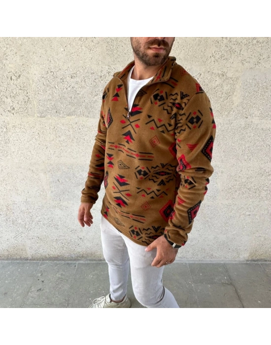 Erkek Yarım Fermuarlı Desenli Polar weat Tribal Etnik Desen Yakalı, Uzun Kollu, Oversize Rahat Kalıp,  Kahverengi
