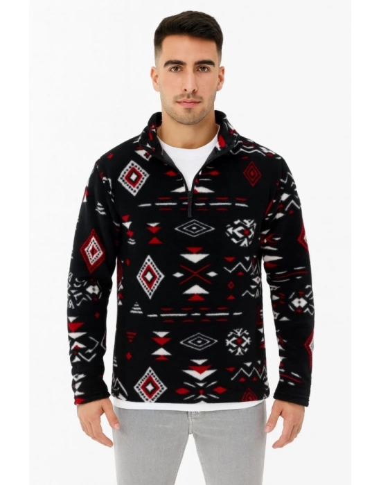 Erkek Yarım Fermuarlı Desenli Polar weat Tribal Etnik Desen Yakalı, Uzun Kollu, Oversize Rahat Kalıp,  iyah