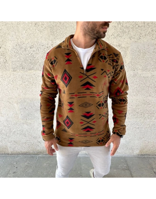 Erkek Yarım Fermuarlı Desenli Polar weat Tribal Etnik Desen Yakalı, Uzun Kollu, Oversize Rahat Kalıp,  Kahverengi