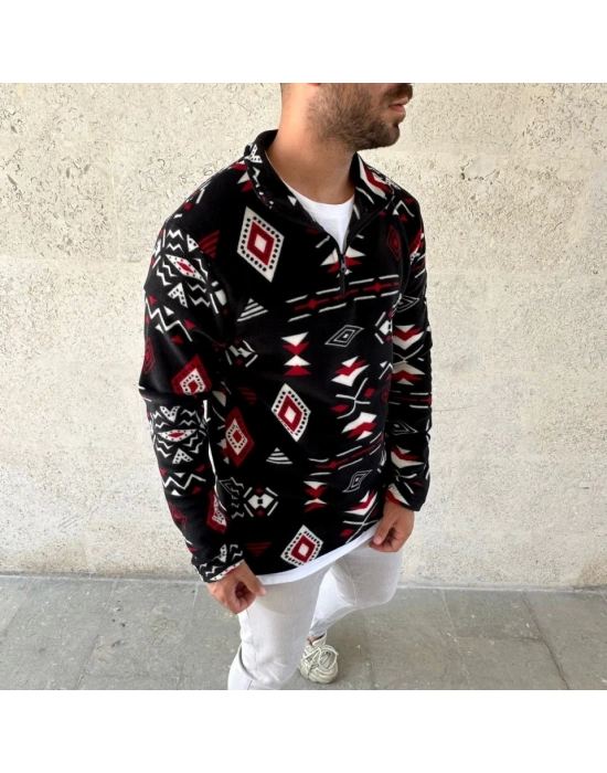 Erkek Yarım Fermuarlı Desenli Polar weat Tribal Etnik Desen Yakalı, Uzun Kollu, Oversize Rahat Kalıp,  iyah