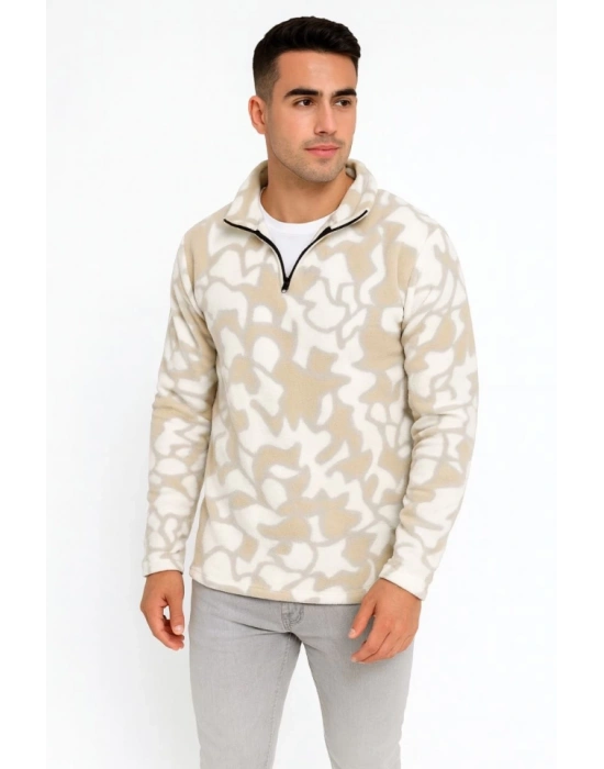 Erkek Yarım Fermuarlı Desenli Polar weat Yakalı, Uzun Kollu, Oversize Rahat Kalıp  Bej