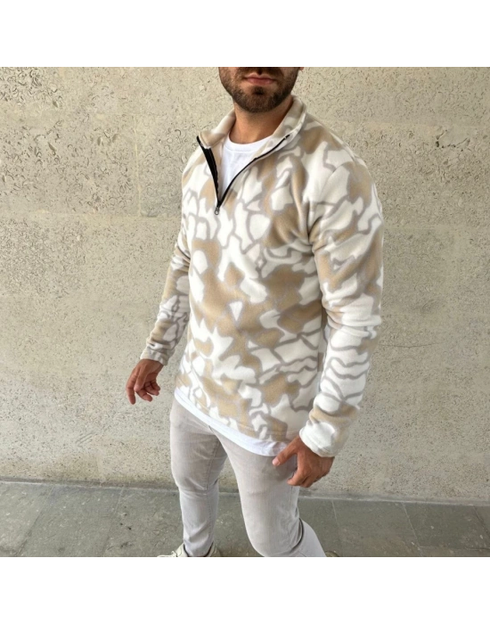 Erkek Yarım Fermuarlı Desenli Polar weat Yakalı, Uzun Kollu, Oversize Rahat Kalıp  Bej