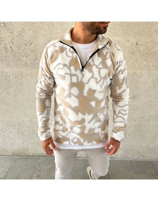 Erkek Yarım Fermuarlı Desenli Polar weat Yakalı, Uzun Kollu, Oversize Rahat Kalıp  Bej