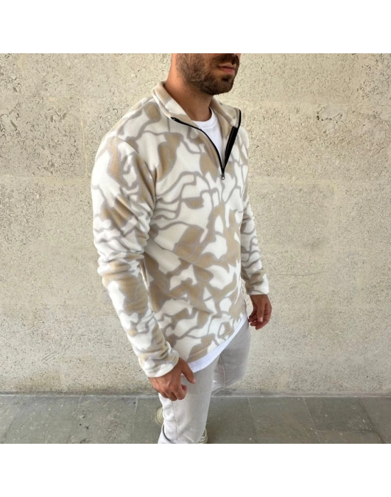 Erkek Yarım Fermuarlı Desenli Polar weat Yakalı, Uzun Kollu, Oversize Rahat Kalıp  Bej