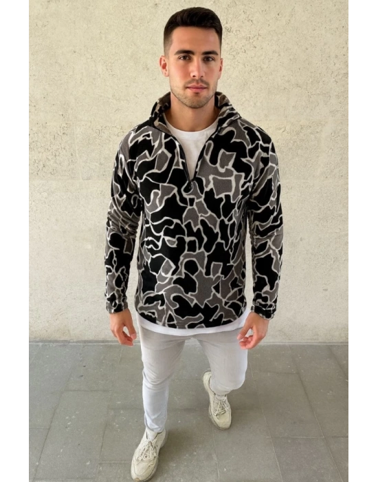 Erkek Yarım Fermuarlı Desenli Polar Sweat Yakalı, Uzun Kollu, Oversize Rahat Kalıp  Siyah