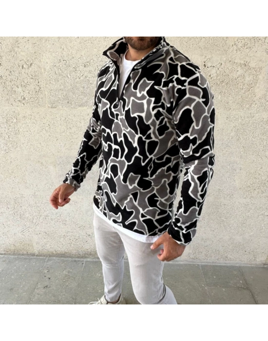 Erkek Yarım Fermuarlı Desenli Polar Sweat Yakalı, Uzun Kollu, Oversize Rahat Kalıp  Siyah