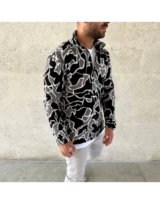 Erkek Yarım Fermuarlı Desenli Polar Sweat Yakalı, Uzun Kollu, Oversize Rahat Kalıp  Siyah