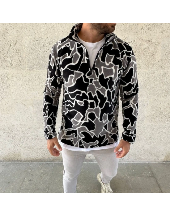 Erkek Yarım Fermuarlı Desenli Polar Sweat Yakalı, Uzun Kollu, Oversize Rahat Kalıp  Siyah