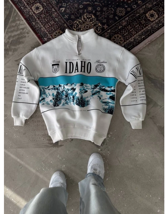 Erkek Yarım Fermuarlı Oversize Baskılı weathirt  Beyaz