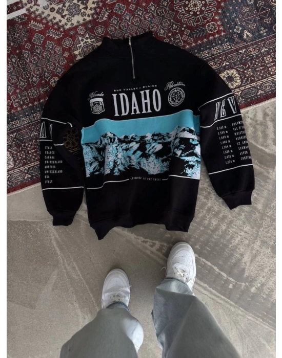 Erkek Yarım Fermuarlı Oversize Baskılı weathirt  iyah