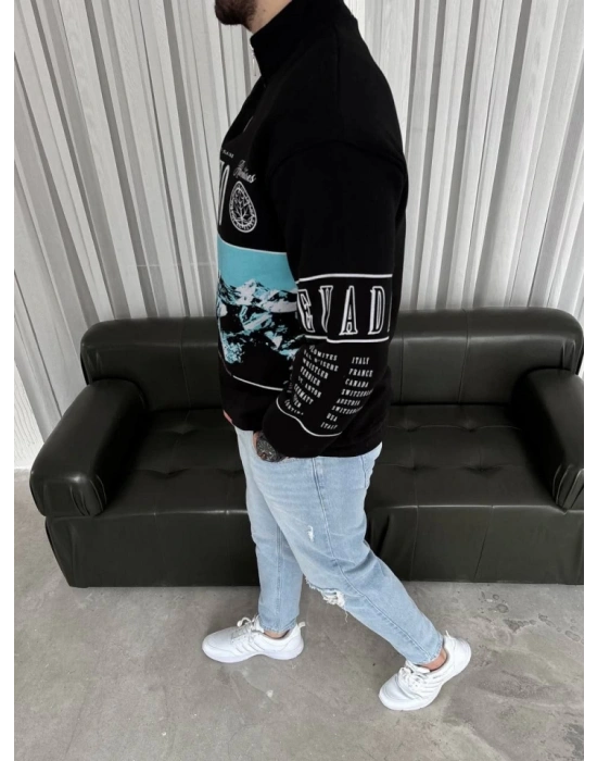 Erkek Yarım Fermuarlı Oversize Baskılı weathirt  iyah