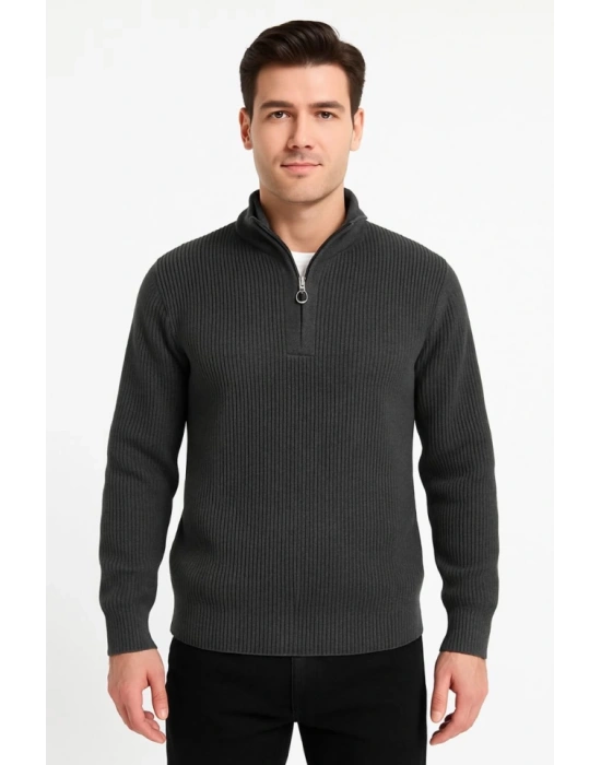 Erkek Yarım Fermuarlı Triko Kazak – elanik Örgü, Dik Yaka, Pamuklu Dokuma, Regular Fit Uzun Kollu Kışlık odel  Füme