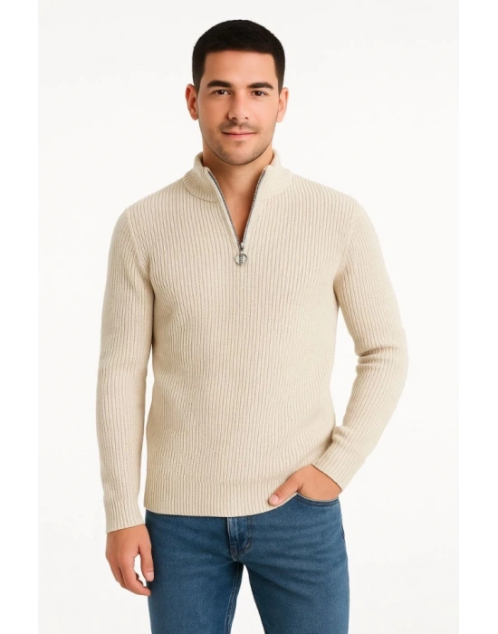 Erkek Yarım Fermuarlı Triko Kazak – Selanik Örgü, Dik Yaka, Pamuklu Dokuma, Regular Fit Uzun Kollu Kışlık Model  Bej