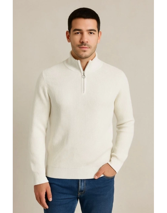 Erkek Yarım Fermuarlı Triko Kazak – Selanik Örgü, Dik Yaka, Pamuklu Dokuma, Regular Fit Uzun Kollu Kışlık odel  Beyaz