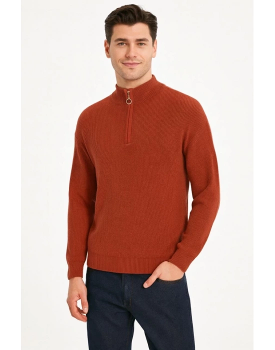 Erkek Yarım Fermuarlı Triko Kazak – elanik Örgü, Dik Yaka, Pamuklu Dokuma, Regular Fit Uzun Kollu Kışlık odel  Kiremit