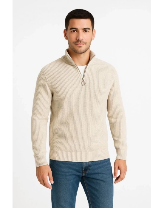 Erkek Yarım Fermuarlı Triko Kazak – Selanik Örgü, Dik Yaka, Pamuklu Dokuma, Regular Fit Uzun Kollu Kışlık Model  Bej