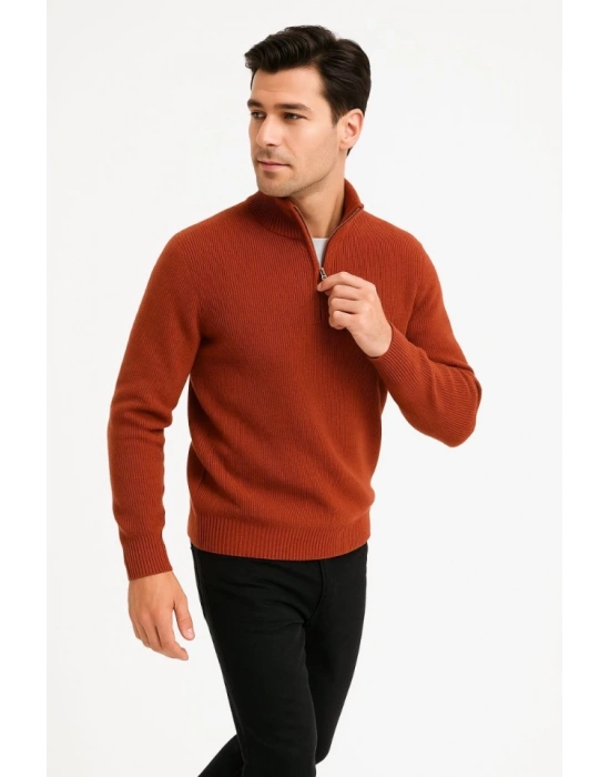 Erkek Yarım Fermuarlı Triko Kazak – elanik Örgü, Dik Yaka, Pamuklu Dokuma, Regular Fit Uzun Kollu Kışlık odel  Kiremit