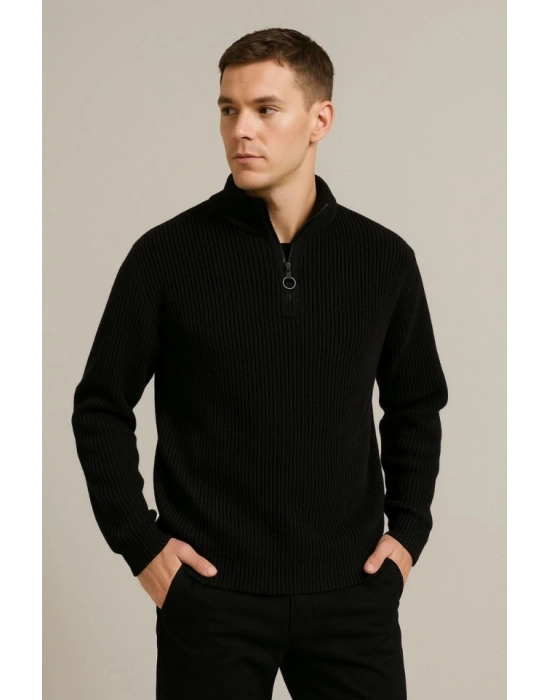 Erkek Yarım Fermuarlı Triko Kazak – elanik Örgü, Dik Yaka, Pamuklu Dokuma, Regular Fit Uzun Kollu Kışlık odel  iyah