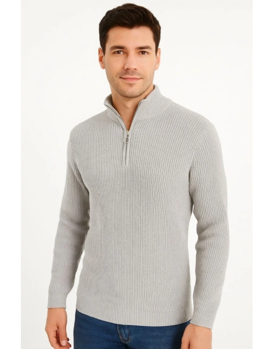 Erkek Yarım Fermuarlı Triko Kazak – elanik Örgü, Dik Yaka, Pamuklu Dokuma, Regular Fit Uzun Kollu Kışlık odel  Gri