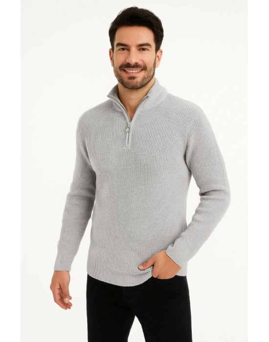 Erkek Yarım Fermuarlı Triko Kazak – elanik Örgü, Dik Yaka, Pamuklu Dokuma, Regular Fit Uzun Kollu Kışlık odel  Gri
