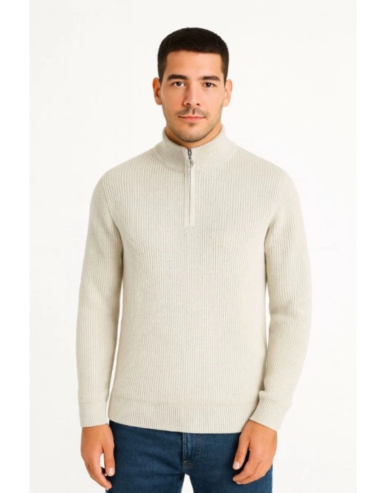 Erkek Yarım Fermuarlı Triko Kazak – Selanik Örgü, Dik Yaka, Pamuklu Dokuma, Regular Fit Uzun Kollu Kışlık Model  Bej