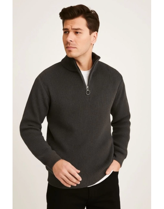 Erkek Yarım Fermuarlı Triko Kazak – elanik Örgü, Dik Yaka, Pamuklu Dokuma, Regular Fit Uzun Kollu Kışlık odel  Füme
