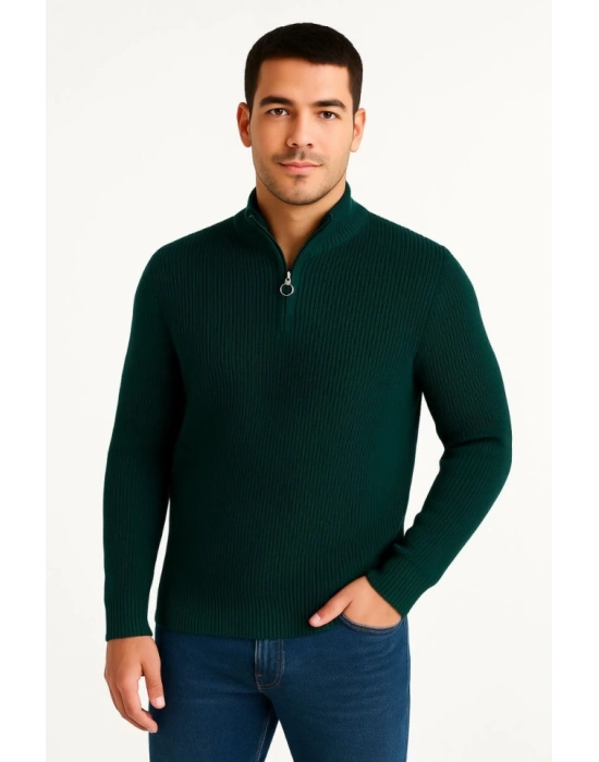 Erkek Yarım Fermuarlı Triko Kazak – Selanik Örgü, Dik Yaka, Pamuklu Dokuma, Regular Fit Uzun Kollu Kışlık Model  Haki