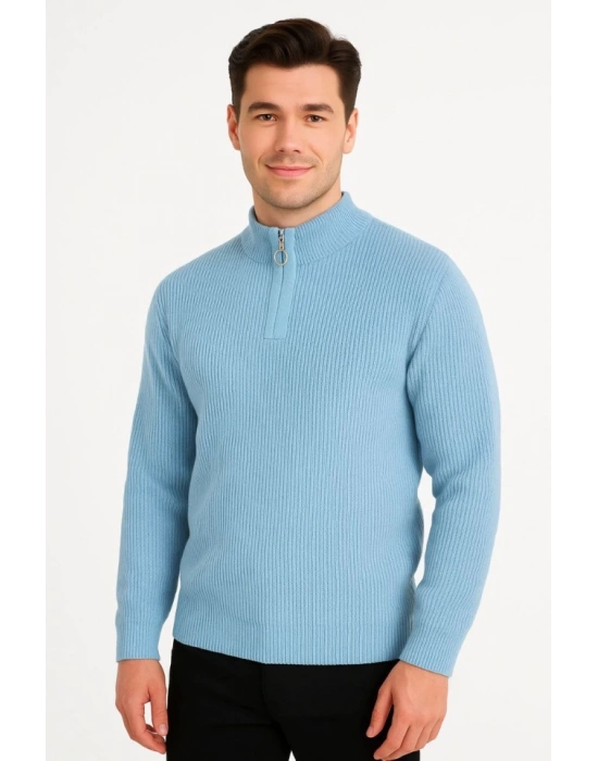Erkek Yarım Fermuarlı Triko Kazak – elanik Örgü, Dik Yaka, Pamuklu Dokuma, Regular Fit Uzun Kollu Kışlık Model  Bebe Mavisi