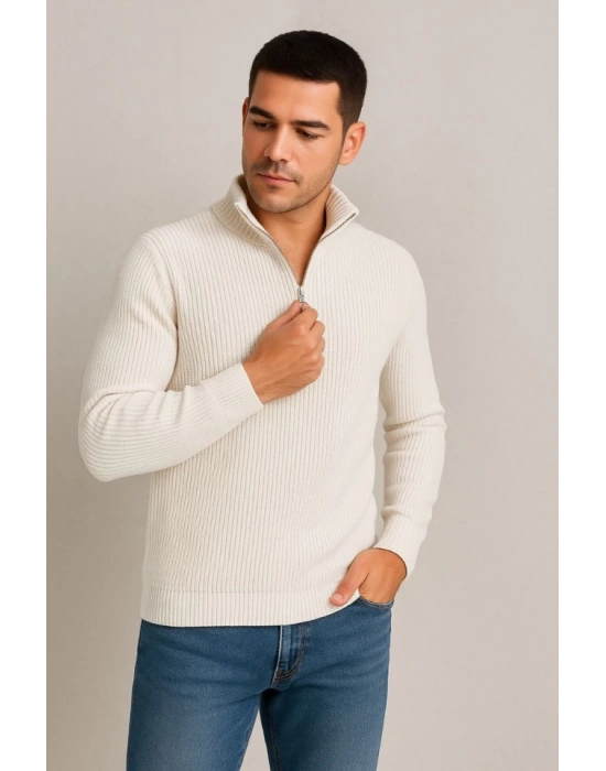 Erkek Yarım Fermuarlı Triko Kazak – Selanik Örgü, Dik Yaka, Pamuklu Dokuma, Regular Fit Uzun Kollu Kışlık odel  Beyaz