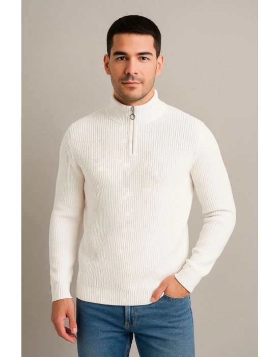 Erkek Yarım Fermuarlı Triko Kazak – Selanik Örgü, Dik Yaka, Pamuklu Dokuma, Regular Fit Uzun Kollu Kışlık odel  Beyaz