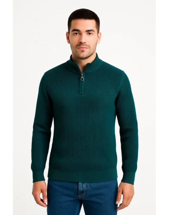 Erkek Yarım Fermuarlı Triko Kazak – Selanik Örgü, Dik Yaka, Pamuklu Dokuma, Regular Fit Uzun Kollu Kışlık Model  Haki