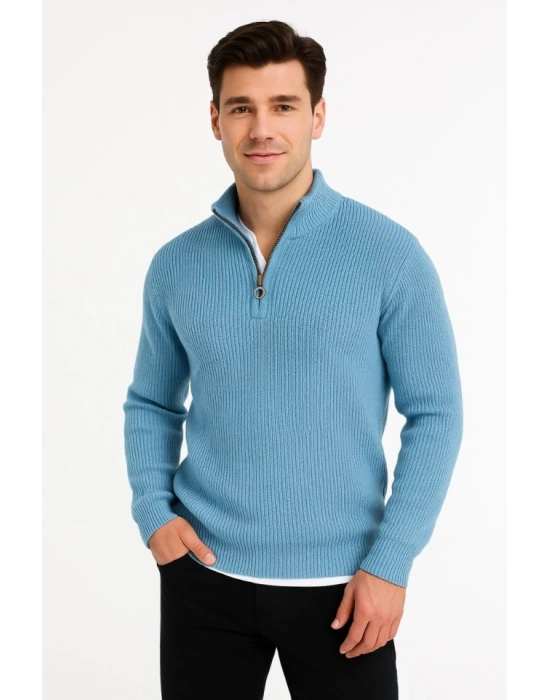 Erkek Yarım Fermuarlı Triko Kazak – elanik Örgü, Dik Yaka, Pamuklu Dokuma, Regular Fit Uzun Kollu Kışlık Model  Bebe Mavisi