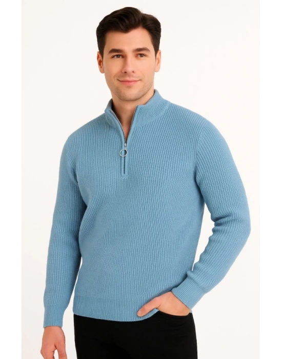 Erkek Yarım Fermuarlı Triko Kazak – elanik Örgü, Dik Yaka, Pamuklu Dokuma, Regular Fit Uzun Kollu Kışlık Model  Bebe Mavisi