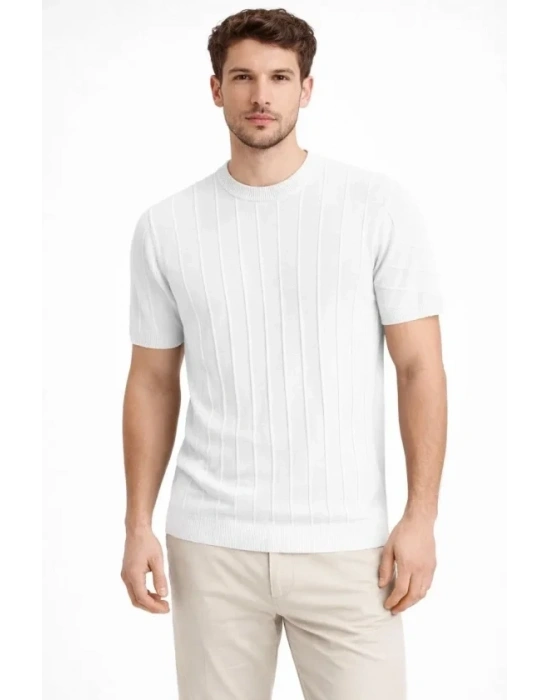 Erkek Yazlık Fitilli Triko Tişört Kısa Kol Bisiklet Yaka Thirt  Beyaz