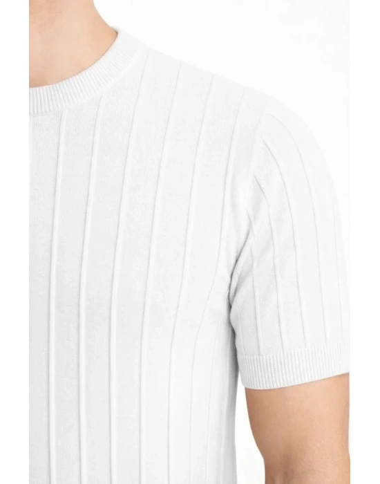 Erkek Yazlık Fitilli Triko Tişört Kısa Kol Bisiklet Yaka Thirt  Beyaz