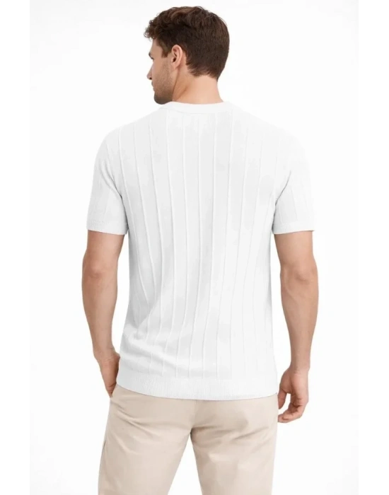 Erkek Yazlık Fitilli Triko Tişört Kısa Kol Bisiklet Yaka Thirt  Beyaz