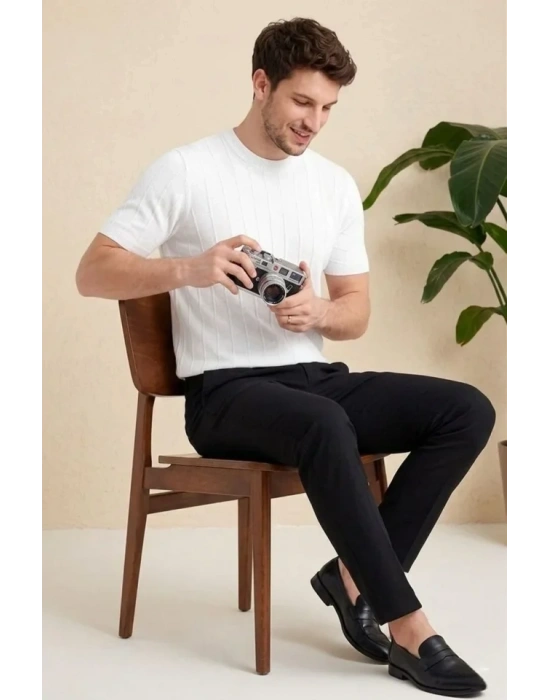 Erkek Yazlık Fitilli Triko Tişört Kısa Kol Bisiklet Yaka Thirt  Beyaz