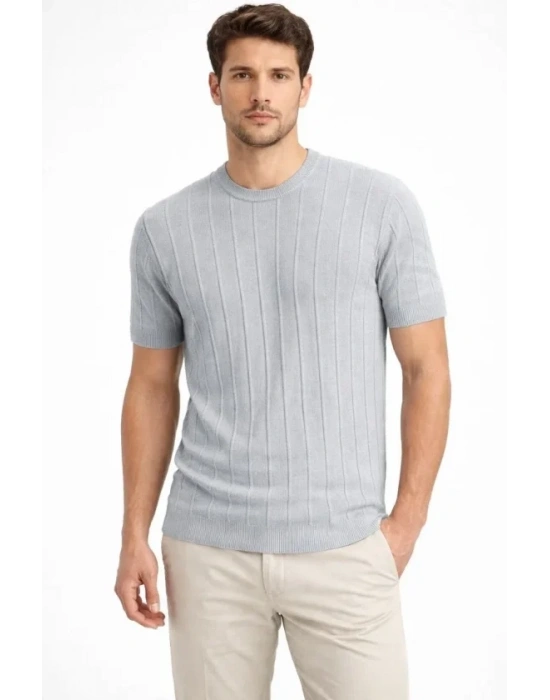 Erkek Yazlık Fitilli Triko Tişört Kısa Kol Bisiklet Yaka Thirt  Gri