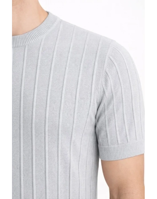 Erkek Yazlık Fitilli Triko Tişört Kısa Kol Bisiklet Yaka Thirt  Gri