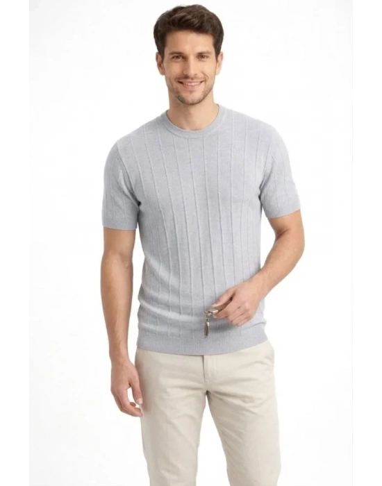Erkek Yazlık Fitilli Triko Tişört Kısa Kol Bisiklet Yaka Thirt  Gri