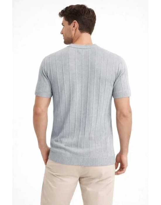Erkek Yazlık Fitilli Triko Tişört Kısa Kol Bisiklet Yaka Thirt  Gri