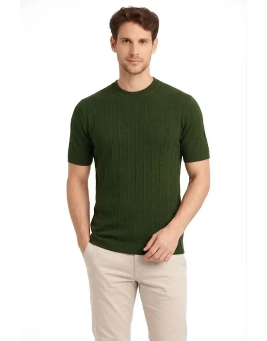 Erkek Yazlık Fitilli Triko Tişört Kısa Kol Bisiklet Yaka Thirt  Haki